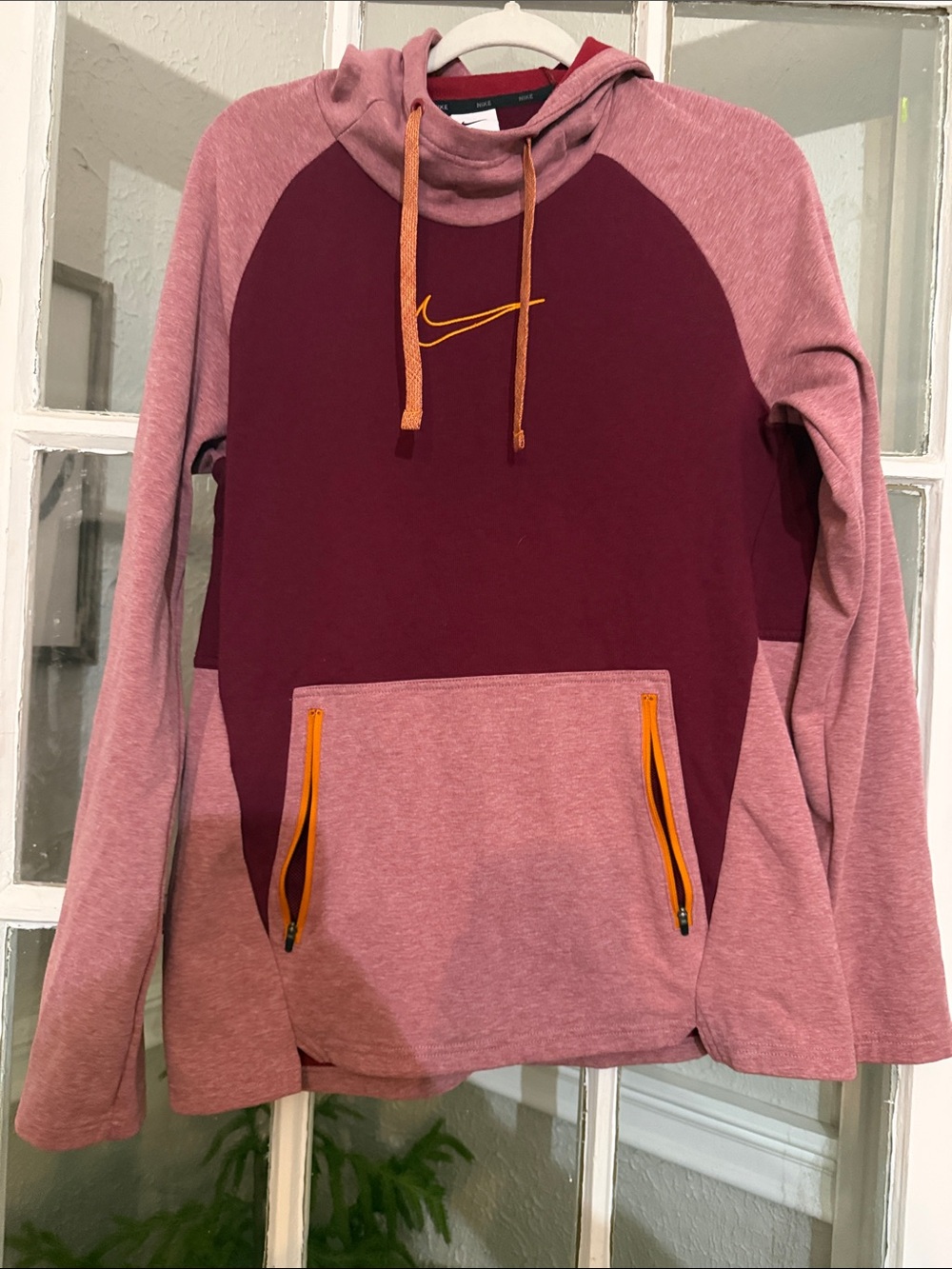 Nike Women's Two-Tone Maroon & Dusty Pink Cowl Hoodie with Orange Accents